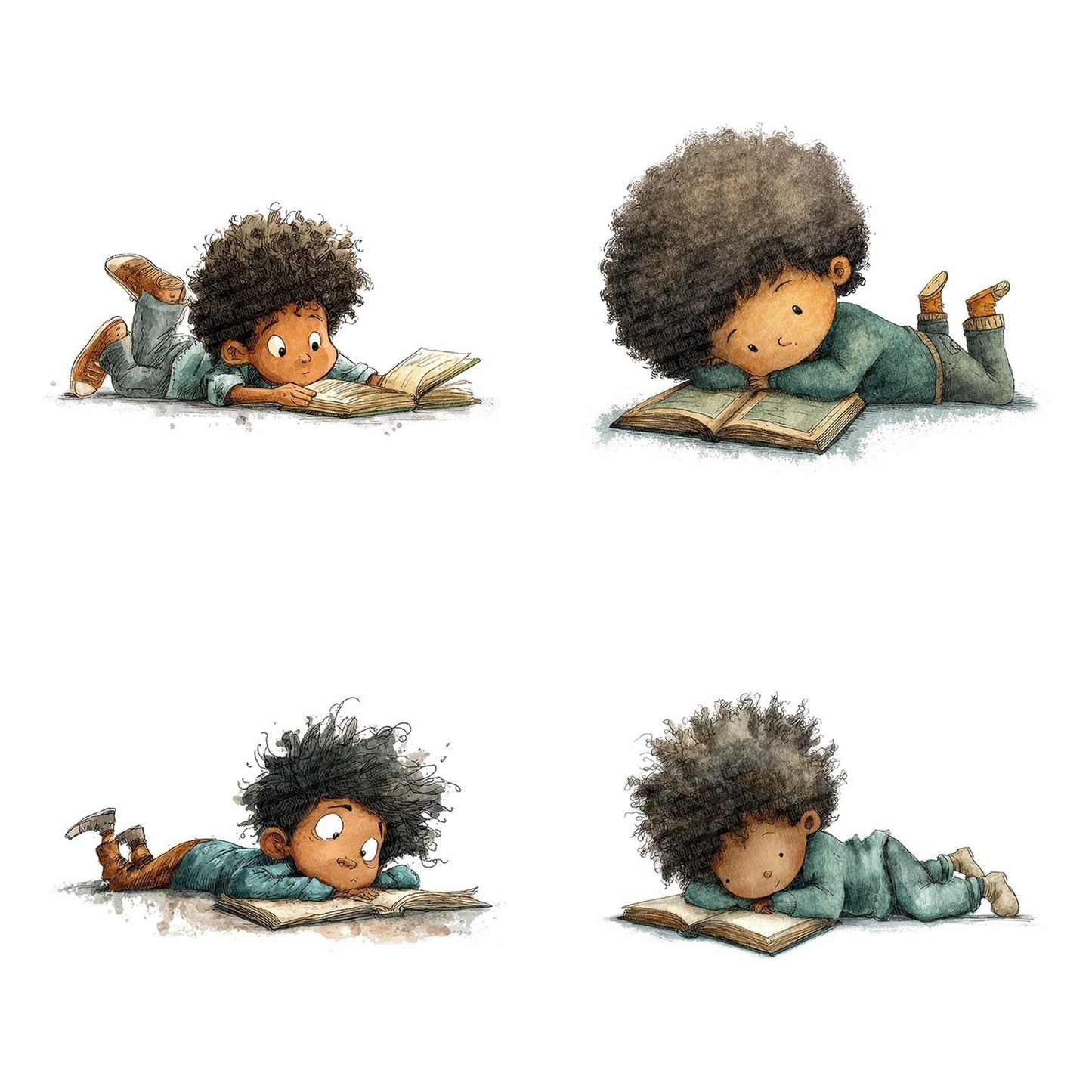 Black Boy Reading Book Clipart Set (DDD004688)