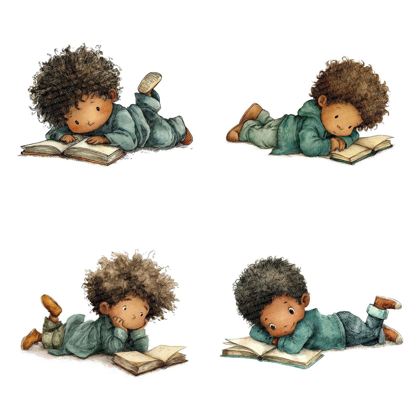 Black Boy Reading Book Clipart Set (DDD004688)