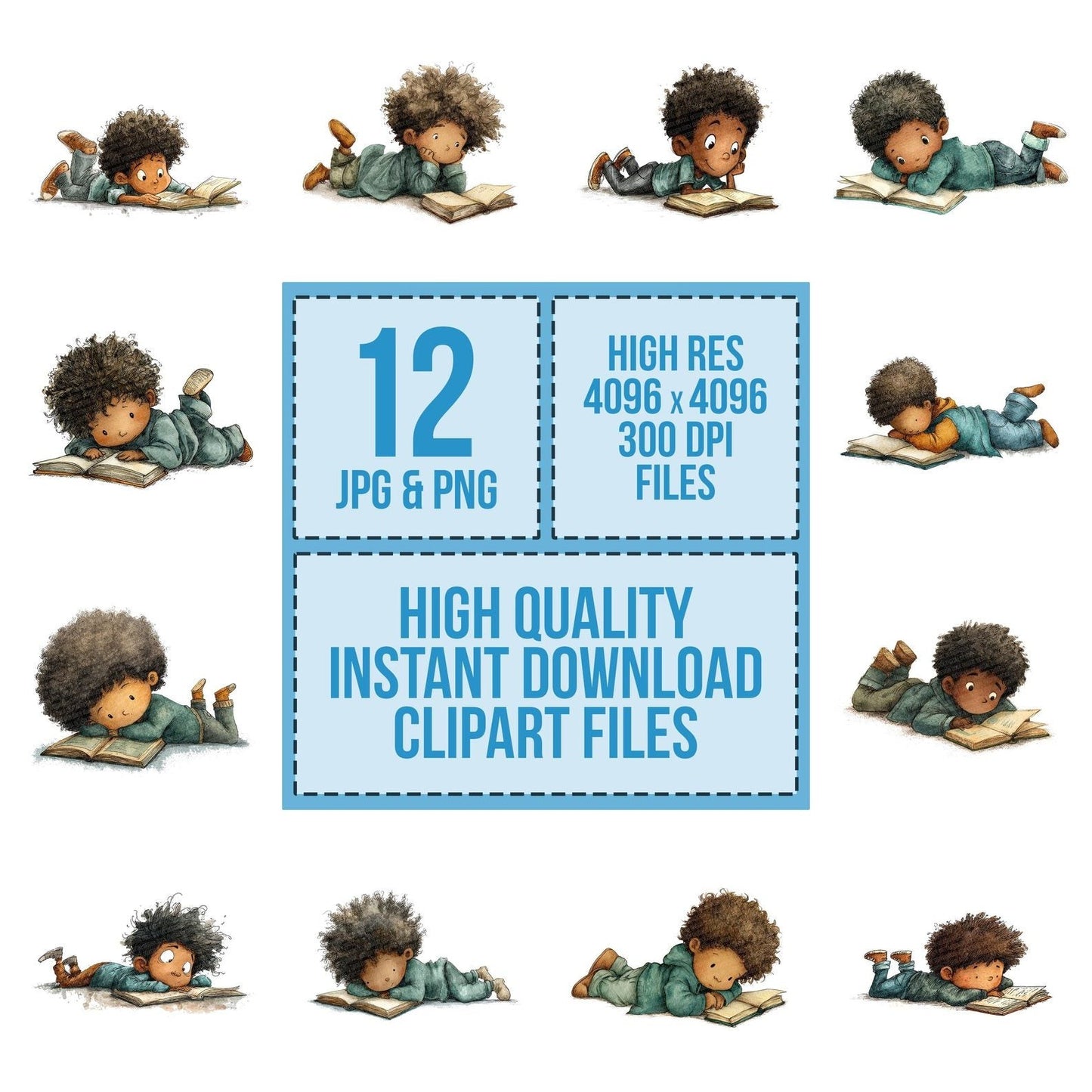 Black Boy Reading Book Clipart Set (DDD004688)