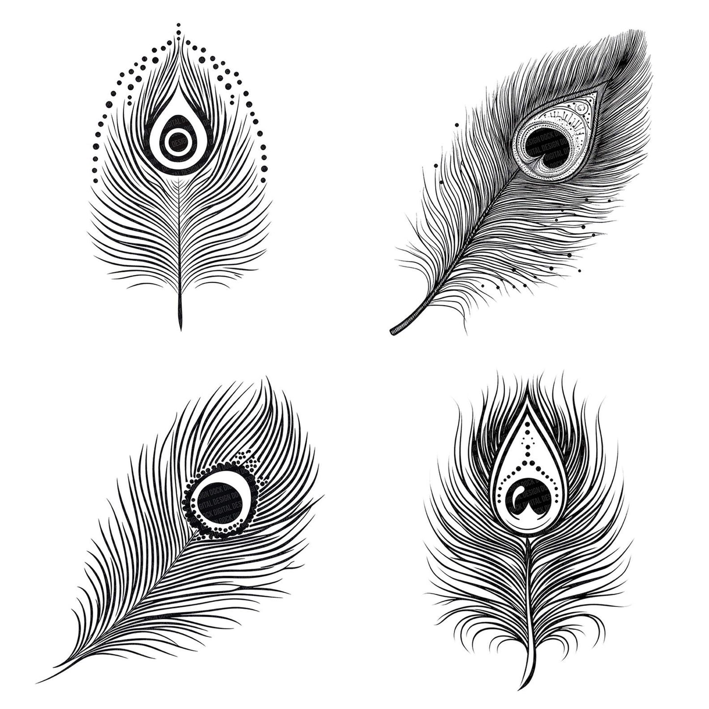 Black White Feather Icon Clipart Set (DDD004701)
