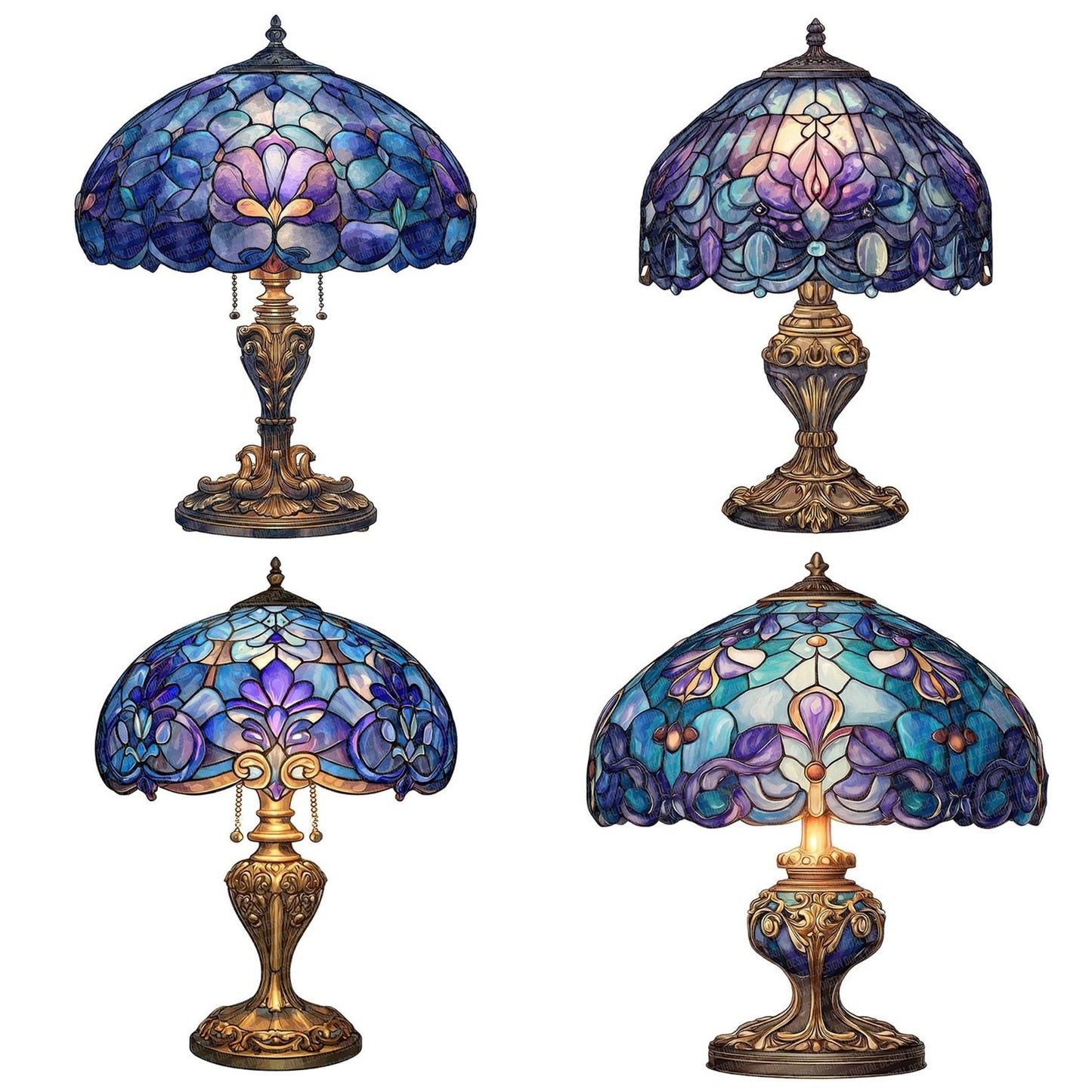 Blue Floral Tiffany Lamp Clipart Set (DDD004709)