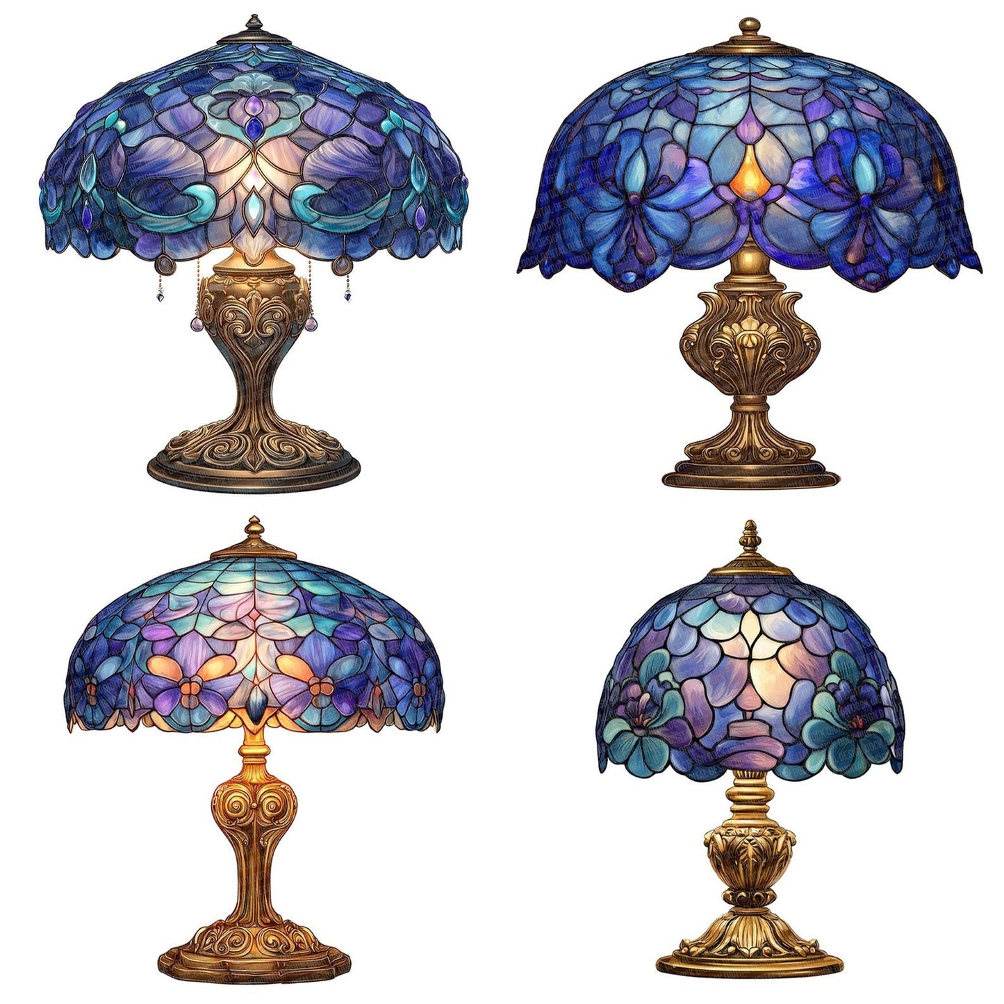 Blue Floral Tiffany Lamp Clipart Set (DDD004709)