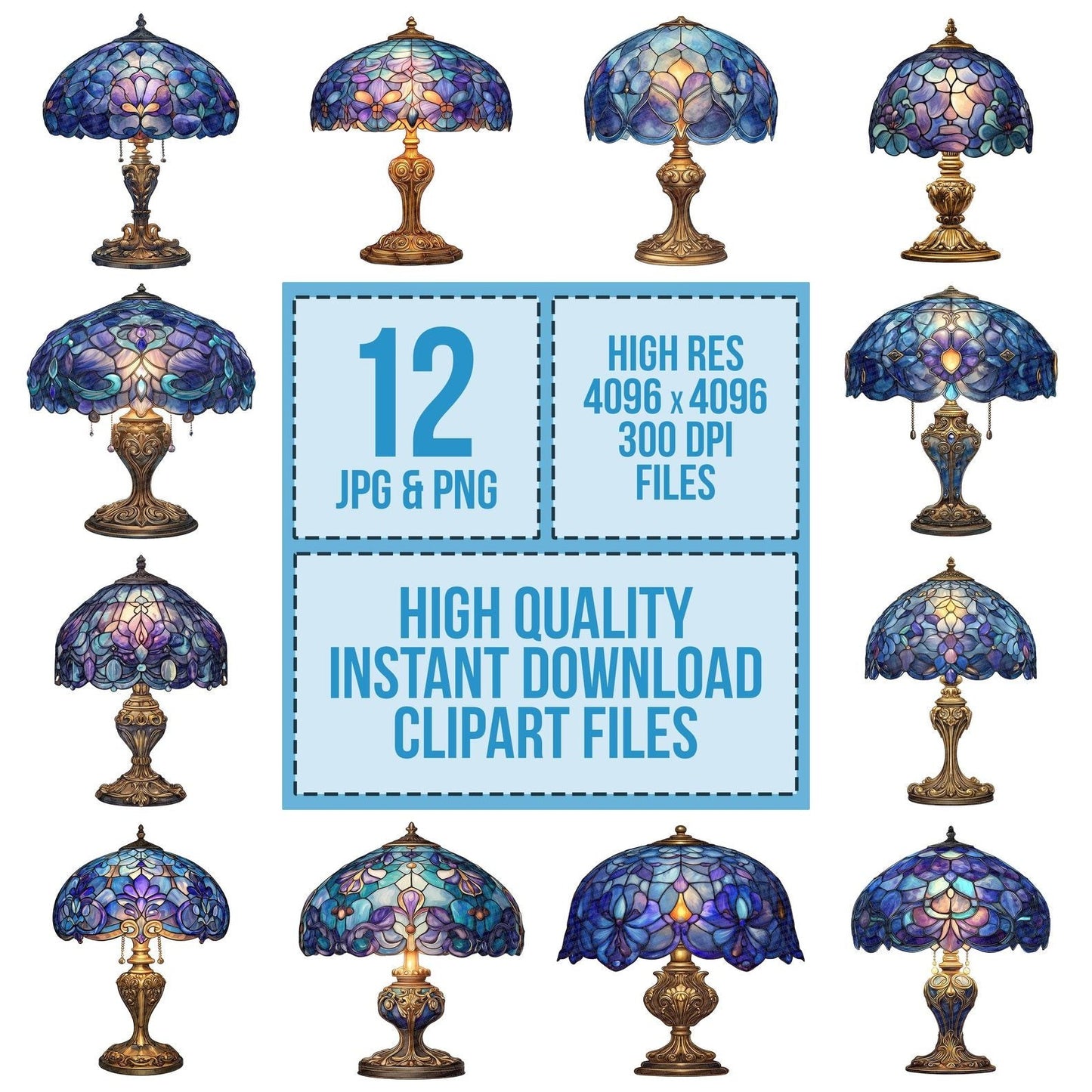 Blue Floral Tiffany Lamp Clipart Set (DDD004709)