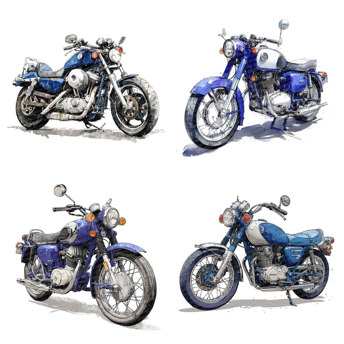 Blue Retro Motorcycle Clipart Set (DDD004710)