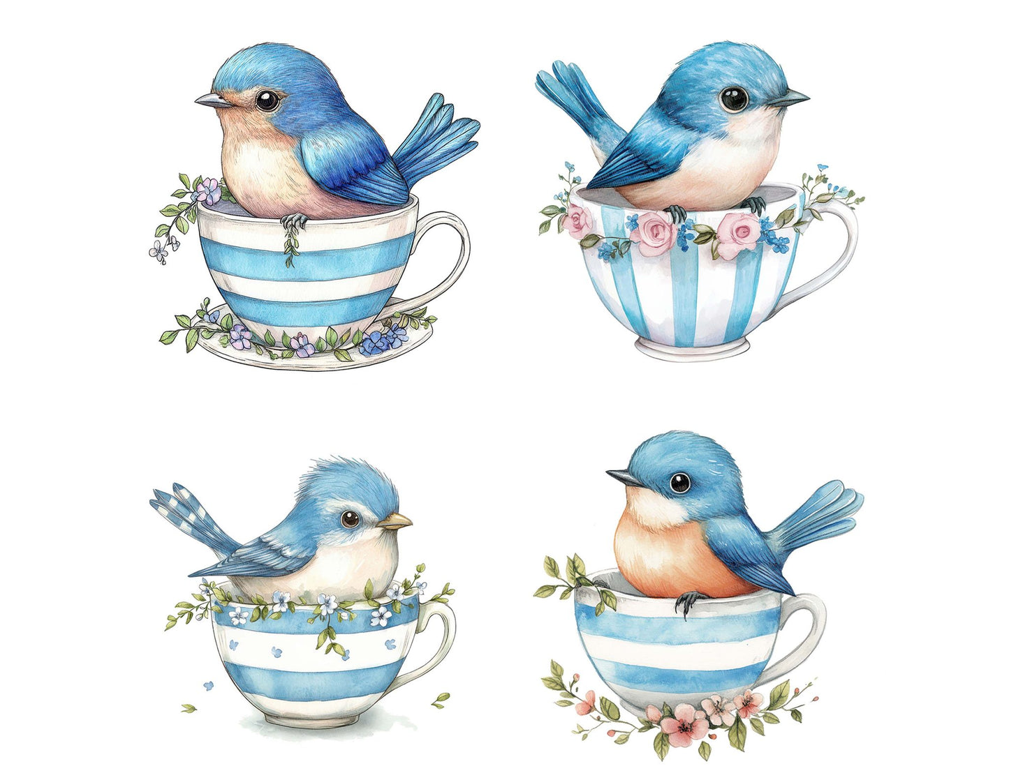 Bluebird in Striped Teacup Clipart Set (DDD004714)