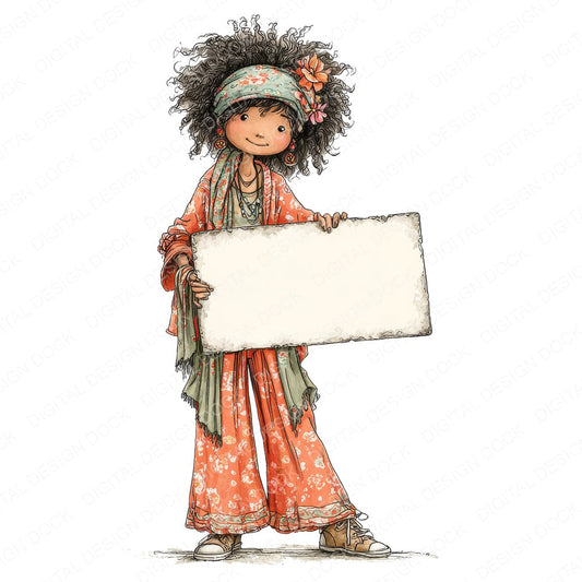 70s Hippie Woman with Banner fussy cut sheet in A4 format showing all 12 designs on one printable page