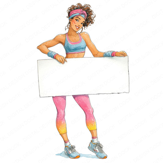80s Workout Woman with Banner fussy cut sheet in A4 format showing all 12 designs on one printable page