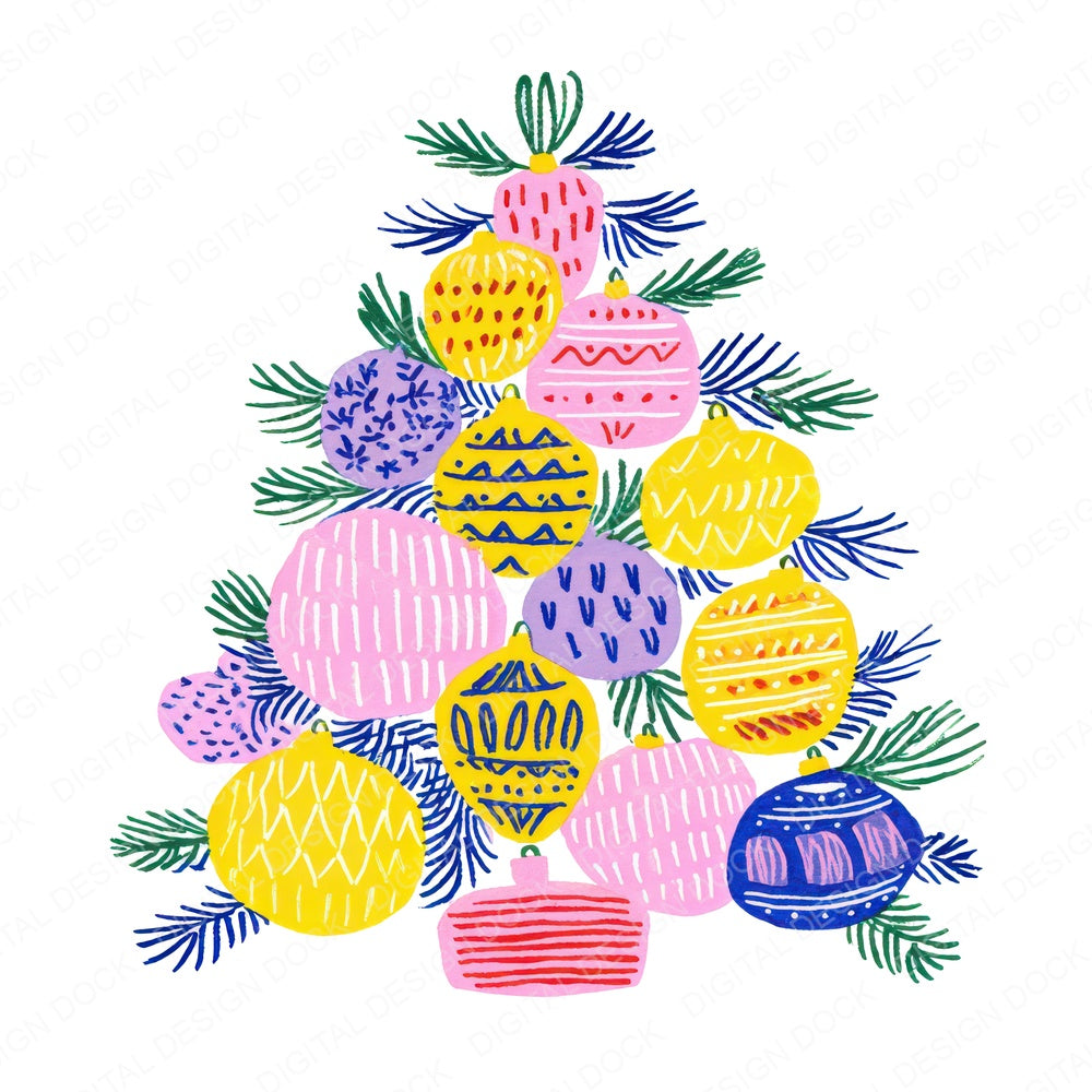 Abstract Cartoon Christmas Tree E fussy cut sheet in US Letter format showing all 12 designs on one printable page