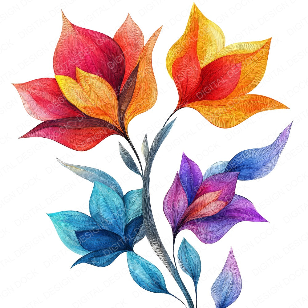 Abstract Colorful Flowers fussy cut sheet in A4 format showing all 12 designs on one printable page
