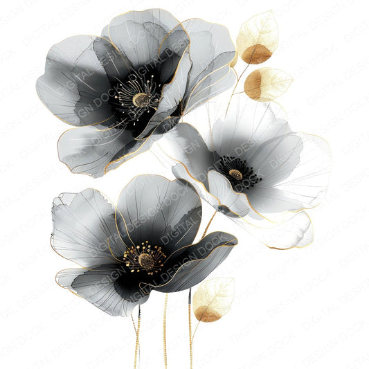 Abstract Flowers in Black and White fussy cut sheet in A4 format showing all 12 designs on one printable page