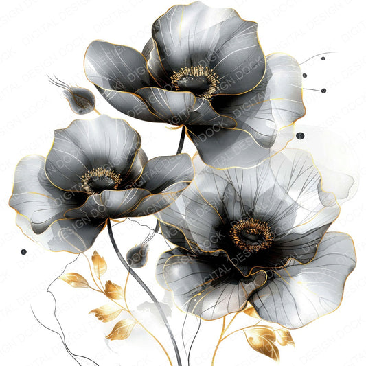 Abstract Flowers in Black and White fussy cut sheet in US Letter format showing all 12 designs on one printable page