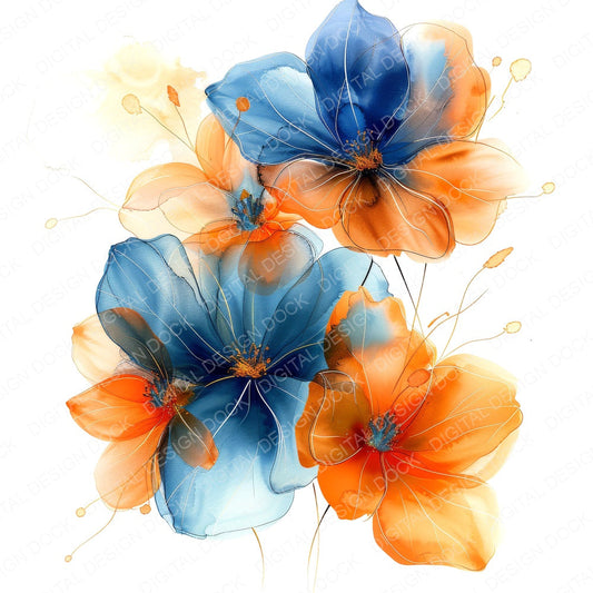 Abstract Flowers in Orange and Blue fussy cut sheet in A4 format showing all 12 designs on one printable page