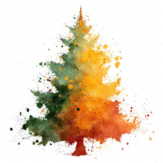 Abstract Paint Splash Christmas Tree fussy cut sheet in A4 format showing all 12 designs on one printable page