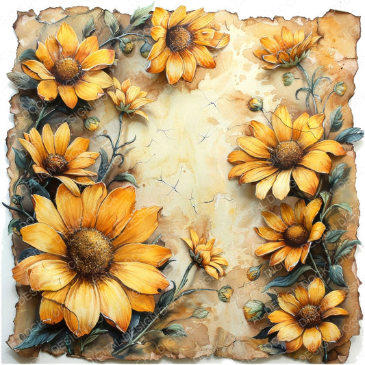 Aged with Border of Daisies fussy cut sheet in A4 format showing all 12 designs on one printable page