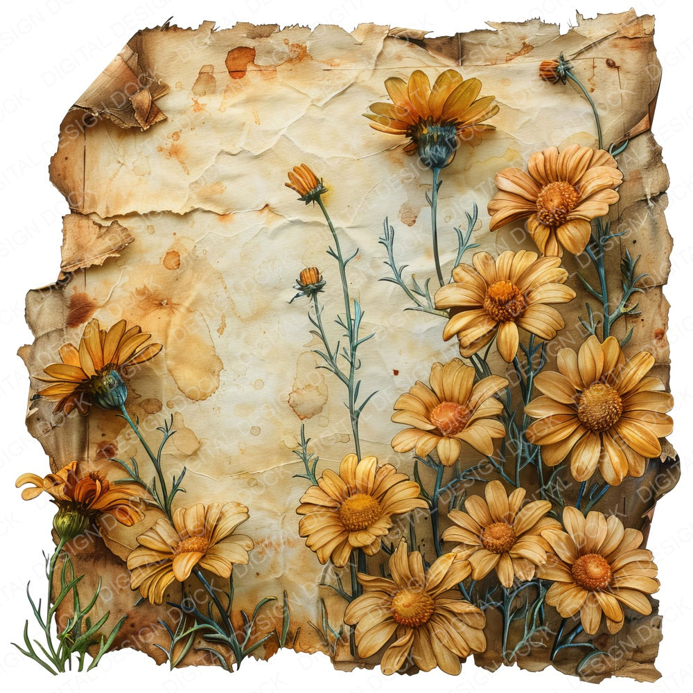 Aged with Border of Daisies fussy cut sheet in US Letter format showing all 12 designs on one printable page