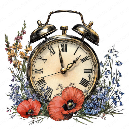 Alarm Clock in Wildflowers fussy cut sheet in A4 format showing all 12 designs on one printable page