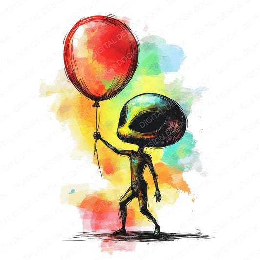 Alien Child with Balloon fussy cut sheet in A4 format showing all 12 designs on one printable page