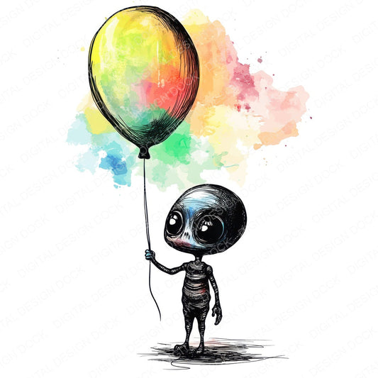 Alien Child with Balloon fussy cut sheet in US Letter format showing all 12 designs on one printable page