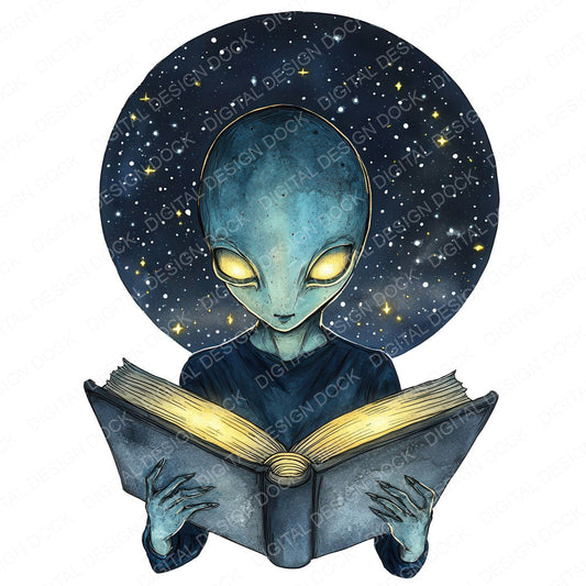 Alien Reading Under Stars fussy cut sheet in A4 format showing all 12 designs on one printable page