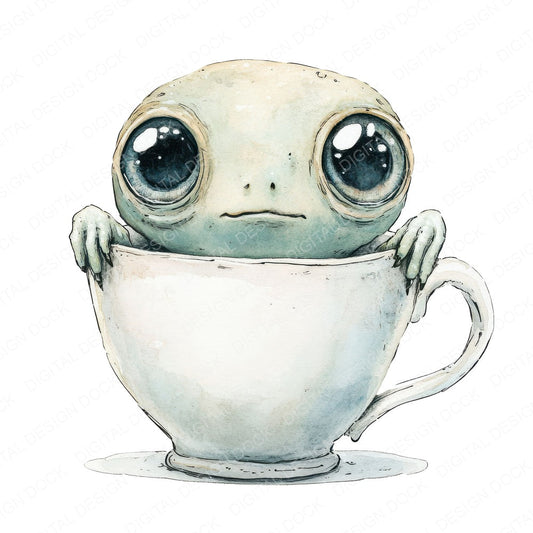 Alien in Teacup fussy cut sheet in A4 format showing all 12 designs on one printable page