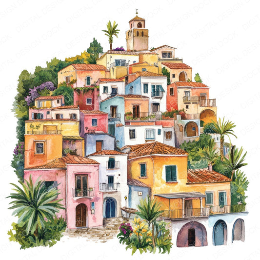 Amalfi Hillside Village fussy cut sheet in A4 format showing all 12 designs on one printable page