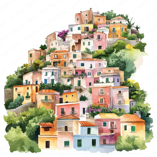 Amalfi Hillside Village fussy cut sheet in US Letter format showing all 12 designs on one printable page