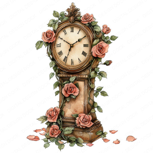 Antique Clock with Roses fussy cut sheet in A4 format showing all 12 designs on one printable page