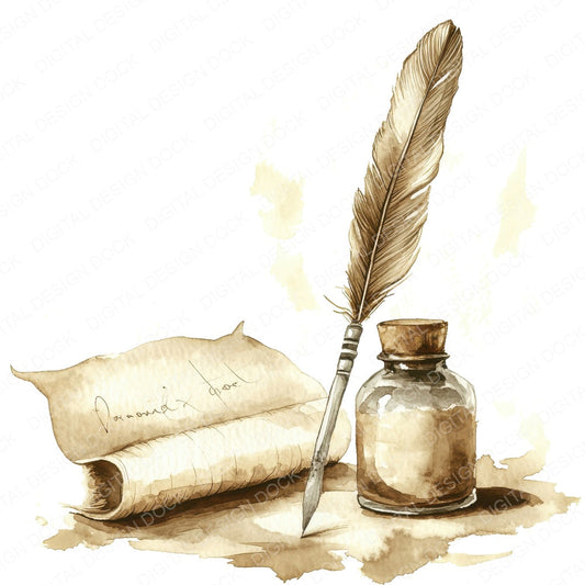 Antique Pen and Inkwell fussy cut sheet in US Letter format showing all 12 designs on one printable page