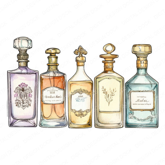 Antique Perfume Bottles fussy cut sheet in A4 format showing all 12 designs on one printable page
