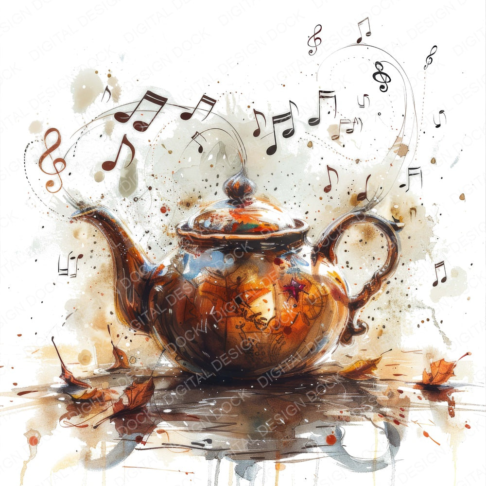 Antique Teapot with Music Notes fussy cut sheet in A4 format showing all 12 designs on one printable page