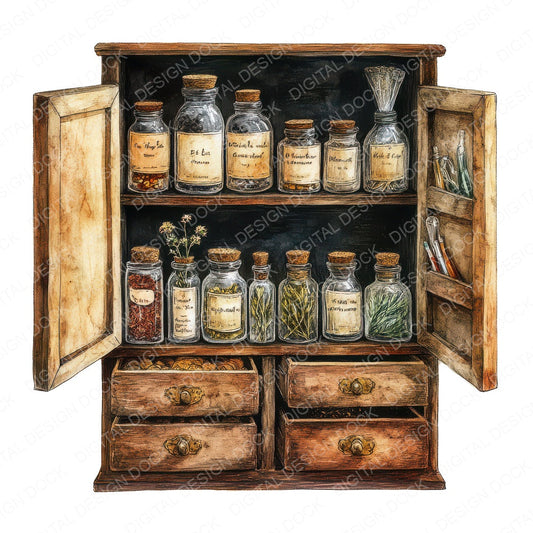 Apothecary Cabinet fussy cut sheet in A4 format showing all 12 designs on one printable page