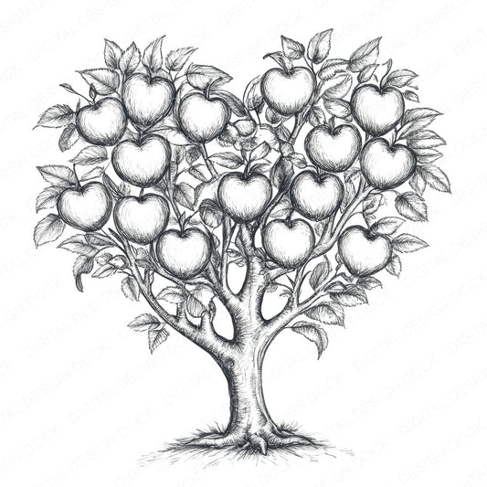 Apple Tree Love Heart Sketch fussy cut sheet in A4 format showing all 12 designs on one printable page