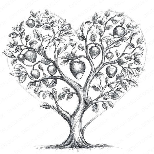 Apple Tree Love Heart Sketch fussy cut sheet in US Letter format showing all 12 designs on one printable page