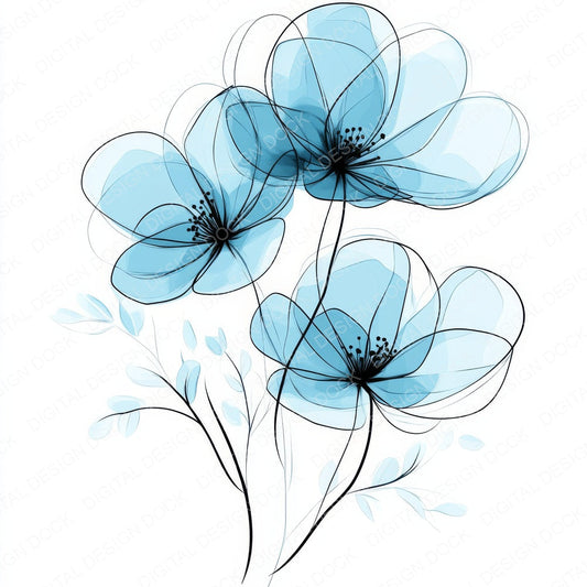 Aqua Blue Abstract Flowers fussy cut sheet in US Letter format showing all 12 designs on one printable page