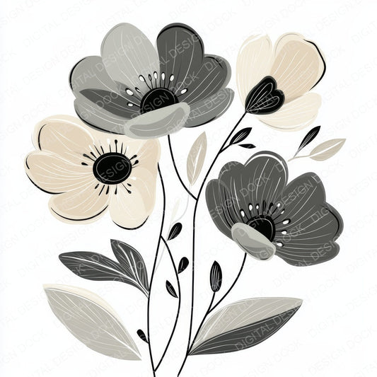 Ash Grey Abstract Flowers fussy cut sheet in A4 format showing all 12 designs on one printable page