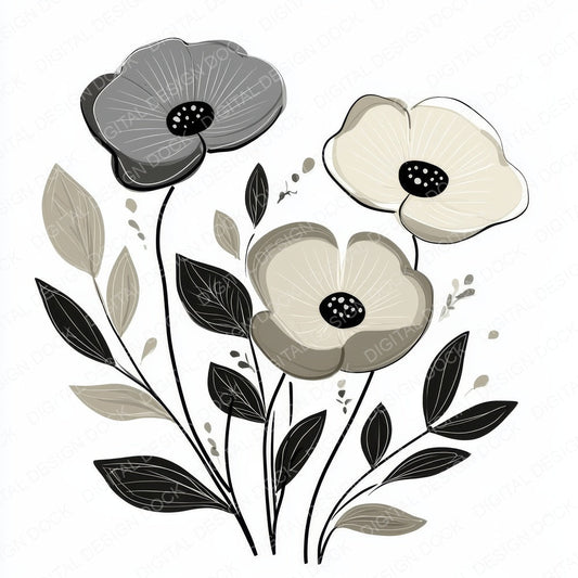 Ash Grey Abstract Flowers Clipart Set (DDD004623)