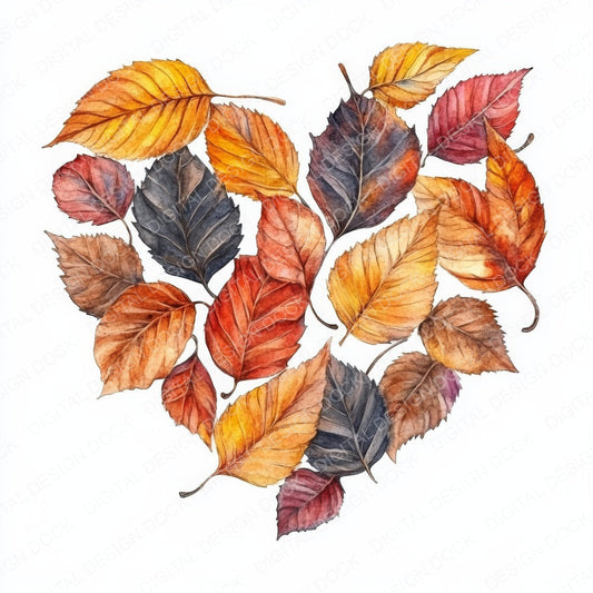 Autumn Leaves Watercolour Heart fussy cut sheet in A4 format showing all 12 designs on one printable page