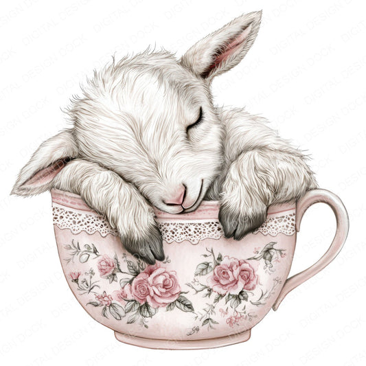 Baby Goat in Rose Teacup fussy cut sheet in A4 format showing all 12 designs on one printable page