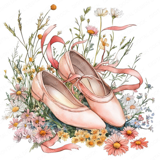 Ballet Shoes in Wildflowers fussy cut sheet in A4 format showing all 12 designs on one printable page