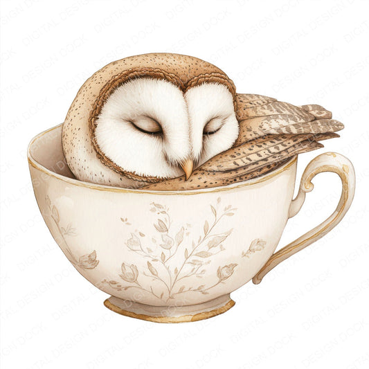 Barn Owl in Feather Teacup fussy cut sheet in A4 format showing all 12 designs on one printable page