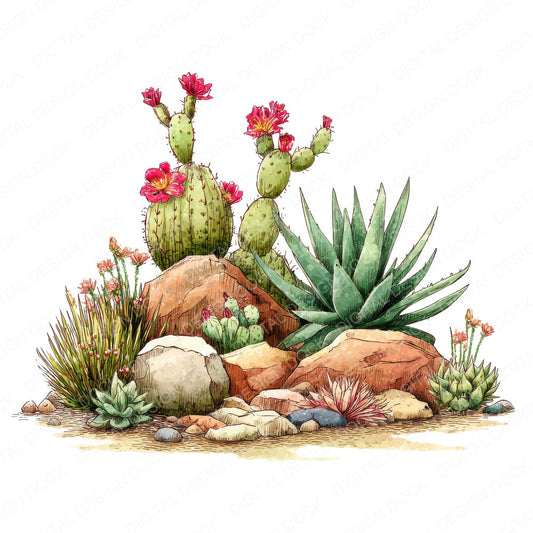 Barrel Cactus Desert Flowers fussy cut sheet in A4 format showing all 12 designs on one printable page