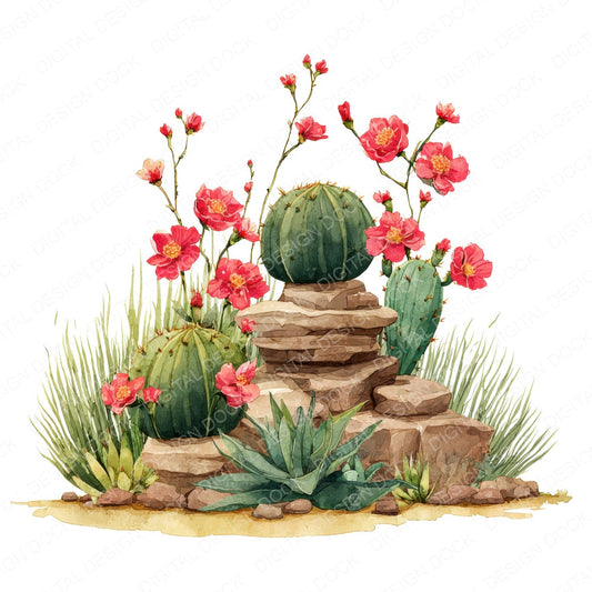 Barrel Cactus Desert Flowers fussy cut sheet in US Letter format showing all 12 designs on one printable page