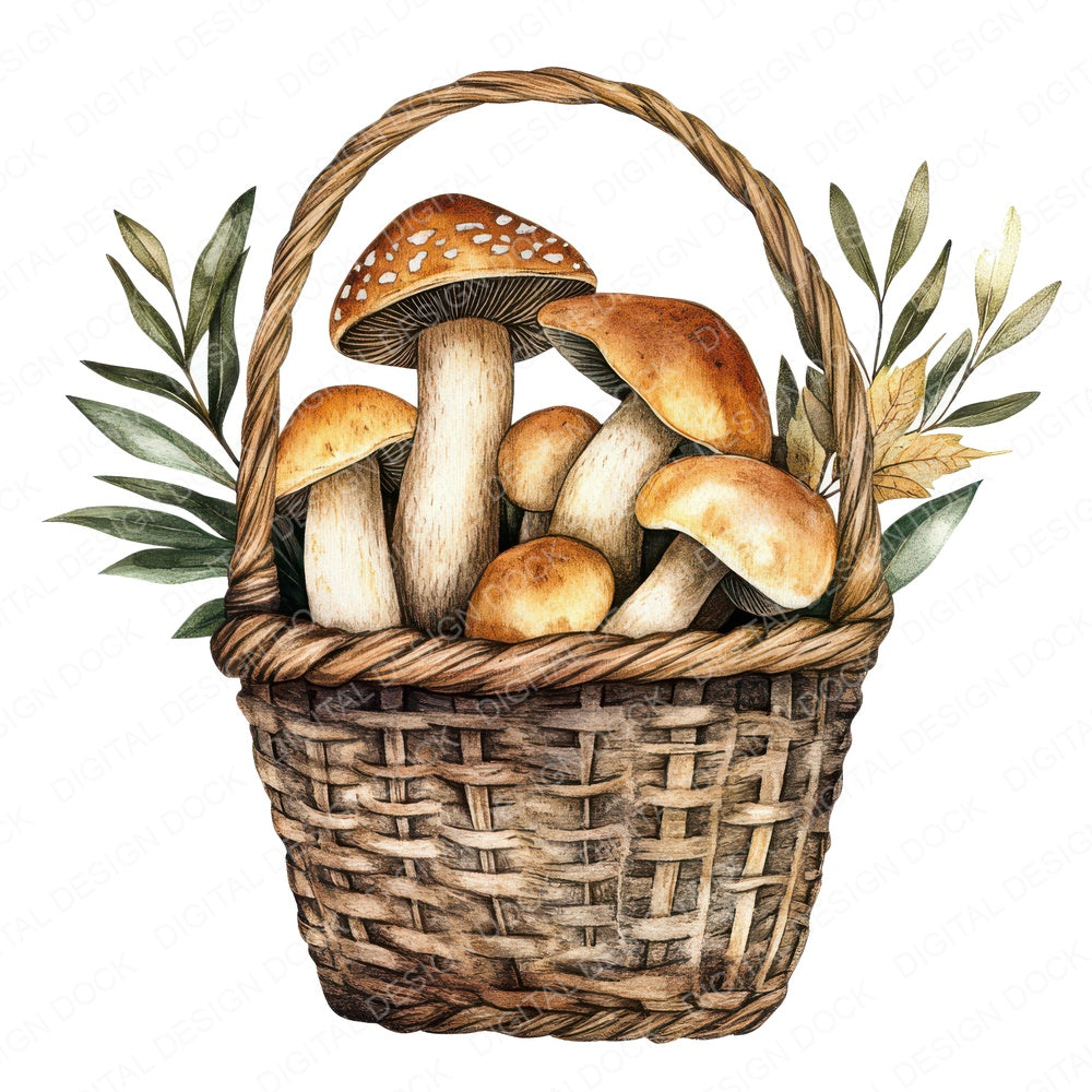 Basket of Mushrooms and Leaves fussy cut sheet in A4 format showing all 12 designs on one printable page