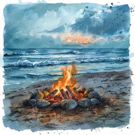 Beach Campfire fussy cut sheet in A4 format showing all 12 designs on one printable page