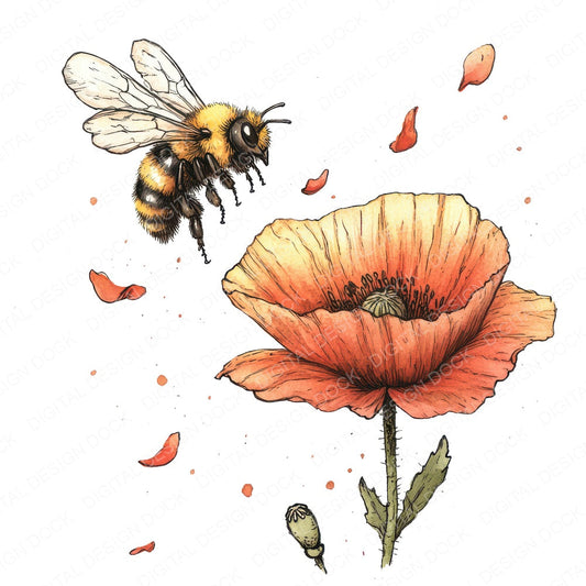 Bee Over Falling Poppy fussy cut sheet in A4 format showing all 12 designs on one printable page