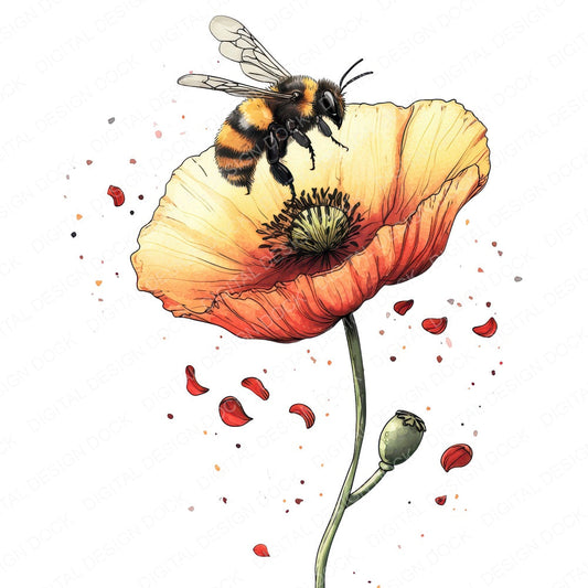 Bee Over Falling Poppy fussy cut sheet in US Letter format showing all 12 designs on one printable page
