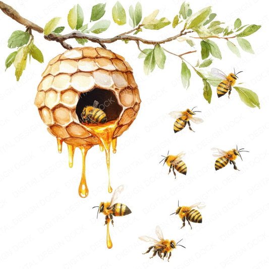 Beehive on a Tree Branch fussy cut sheet in A4 format showing all 12 designs on one printable page