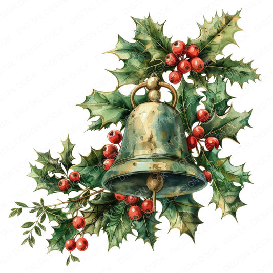 Bell with Holly and Berries fussy cut sheet in A4 format showing all 12 designs on one printable page