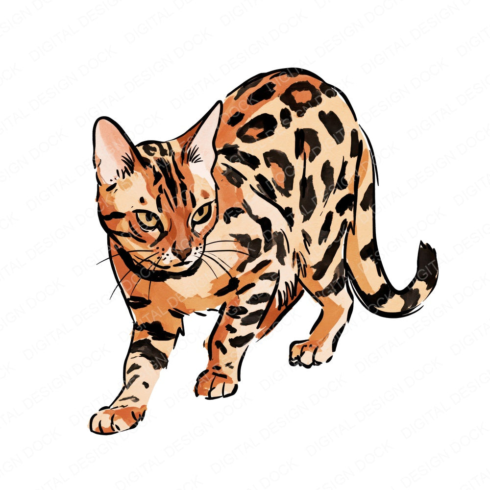 Another Bengal Watercolour Cat clipart design shown full size
