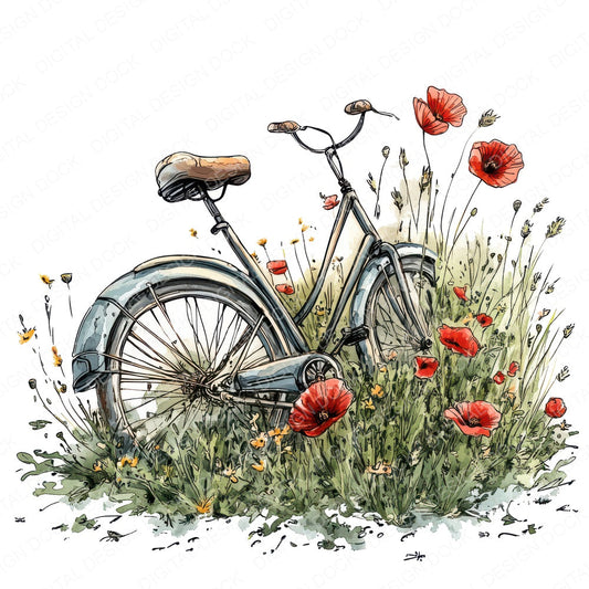 Bicycle in Wildflower Meadow fussy cut sheet in A4 format showing all 12 designs on one printable page